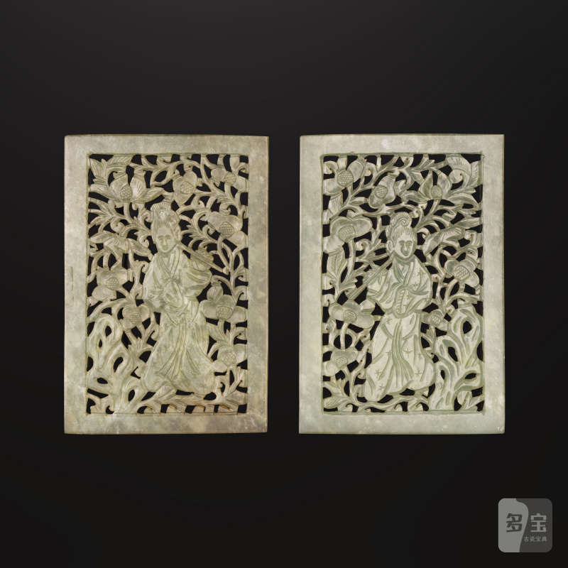 清 十九世紀 鮑文玉鏤雕插屏一對 | PAIRE DE PLAQUES RECTANGULAIRES EN BOWÉNITE SCULPTÉE ET AJOURÉE